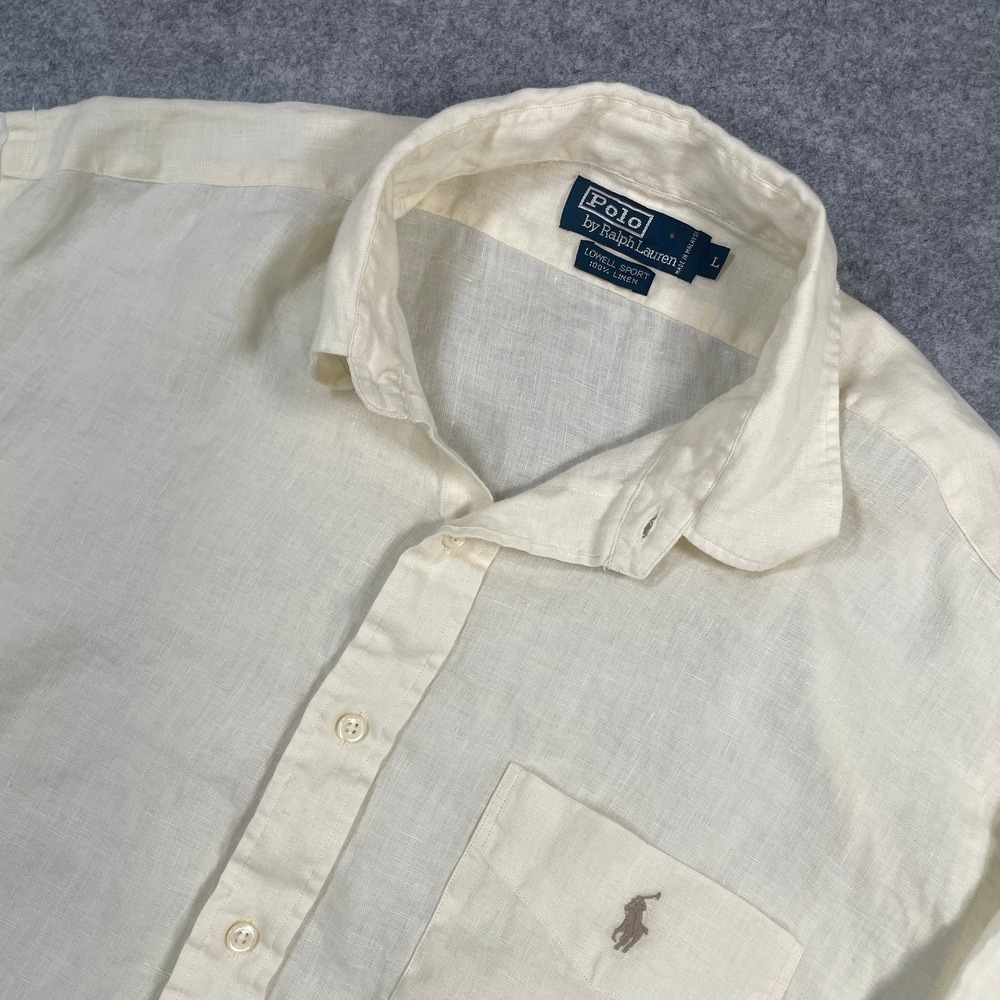 Polo Ralph Lauren Mens Linen Button Up Shirt L Cream Lowell Sport Long Sleeve